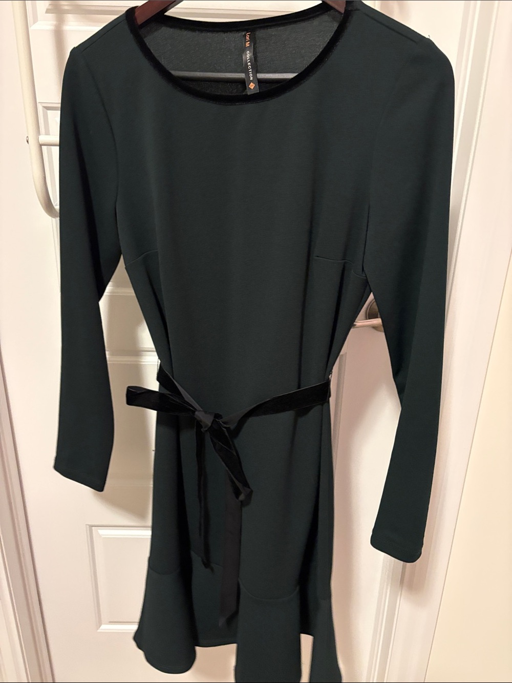 Lori M collection Dark Green Long Sleeve Belted Dress